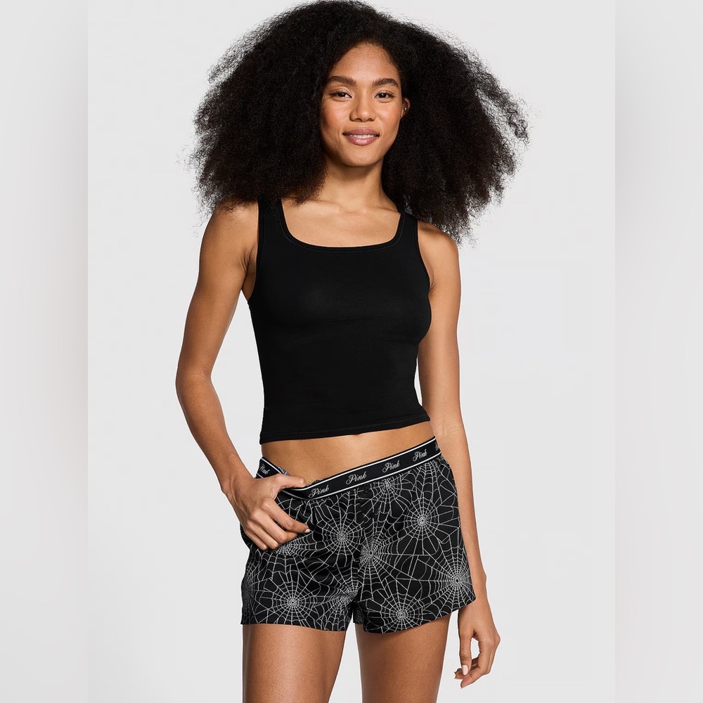 Victoria Secret Pink Tencel Boxy PJ Shorts Black Spider Webs Print Halloween XS